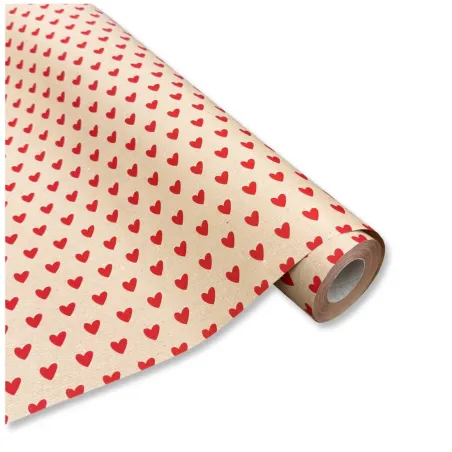 Bobina in Carta Avana Fantasia di Cuori Rossi. Altezza 70 cm. Lunghezza 40 mt.