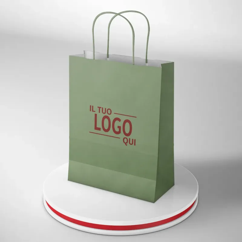 Shopper In carta Verde Salvia Maniglia Ritorta Stampa un colore