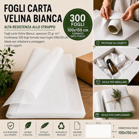 300 Fogli Carta Velina Premium Bianca 22 gr. 100x150 cm.