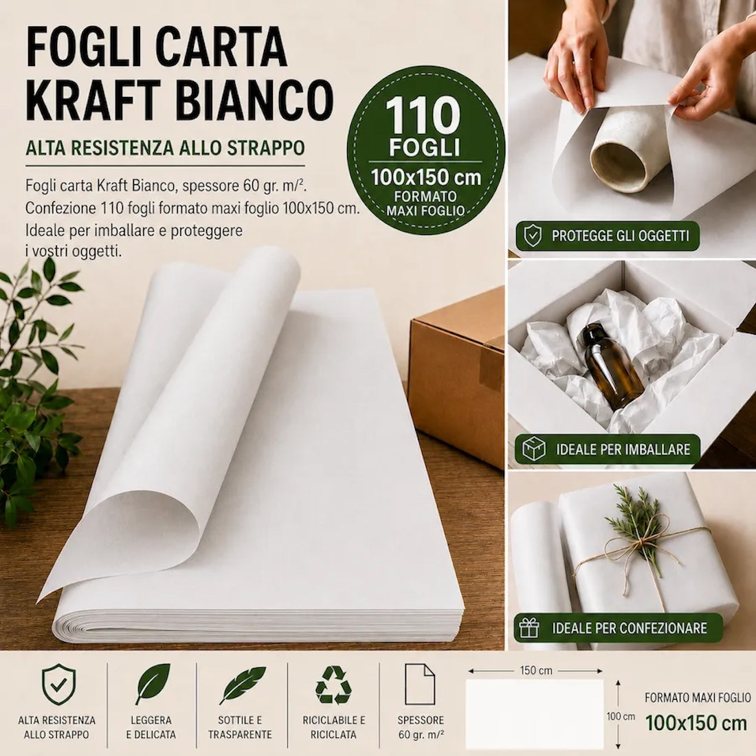 110 Fogli Carta Kraft Bianco 60 gr. 100x150 cm.