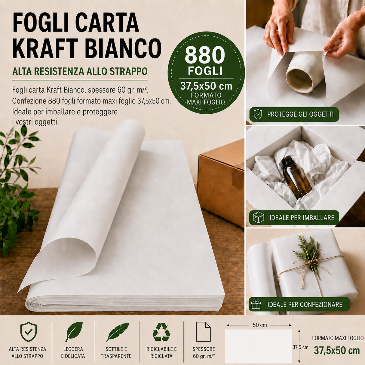 Fogli Carta Kraft Bianco 60 gr.