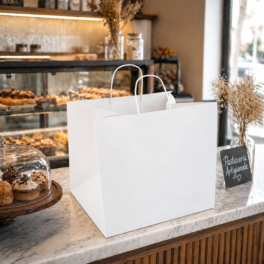 Shopper in Carta Bianca Take Away Fondo Largo Maniglia Ritorta