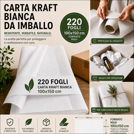220 Fogli Kraft Bianco 30 gr. 100x150 cm.