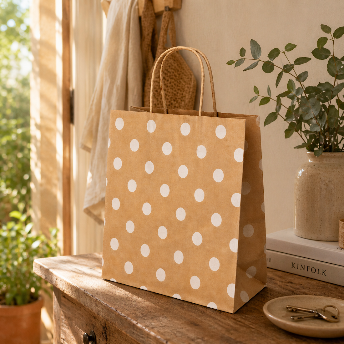 Shopper in Carta Avana con Pois Bianco