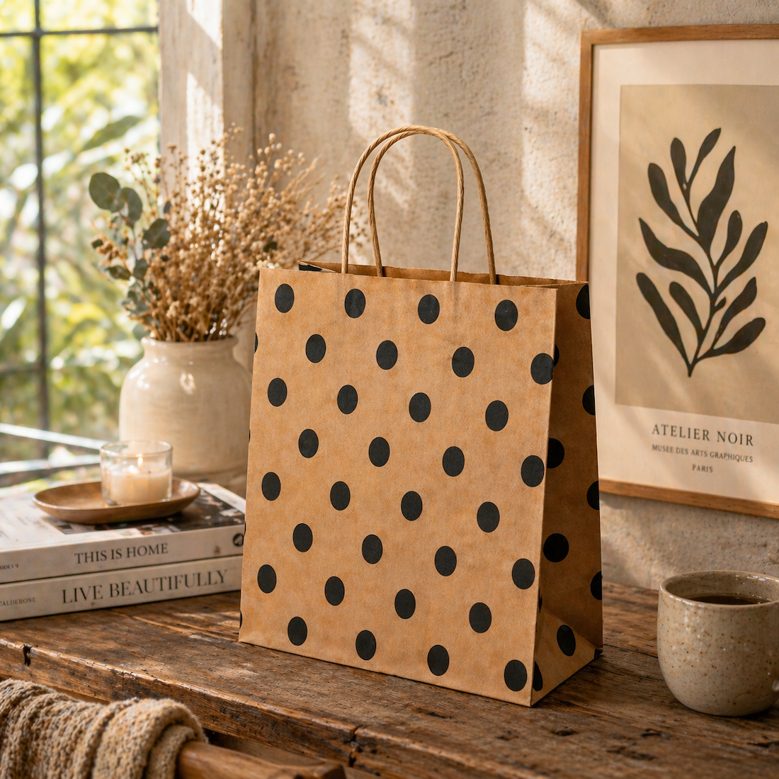 Shopper in Carta Avana con Pois Nero