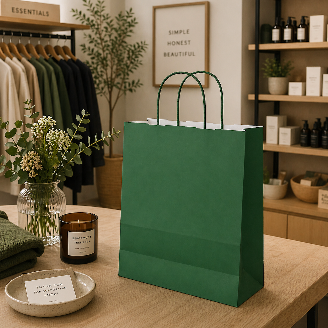 Shopper in Carta Maniglia Ritorta Linea Rainbow Verde Foresta