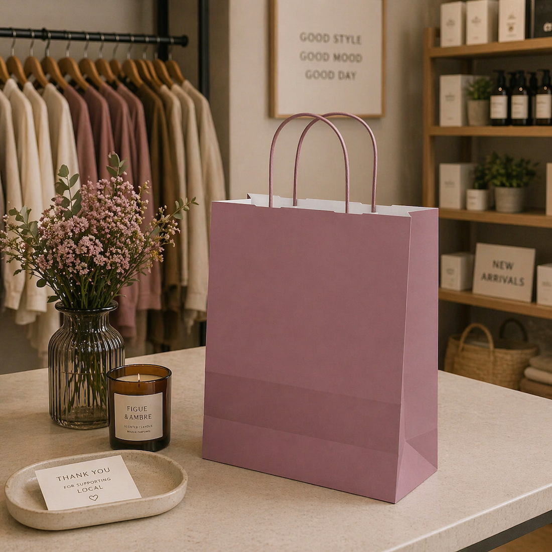 Shopper in Carta Maniglia Ritorta Linea Rainbow Rosa Antico