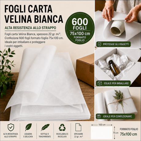600 Fogli Carta Velina Premium Bianca 22 gr. 75x100 cm.
