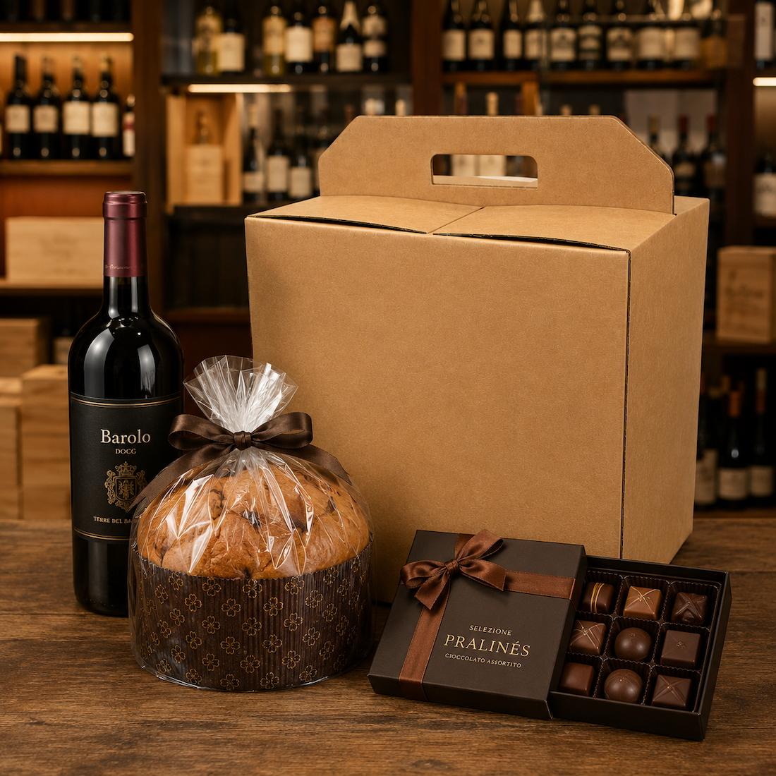 Scatola Confezione Regalo Porta Panettone + Bottiglia Linea Avana